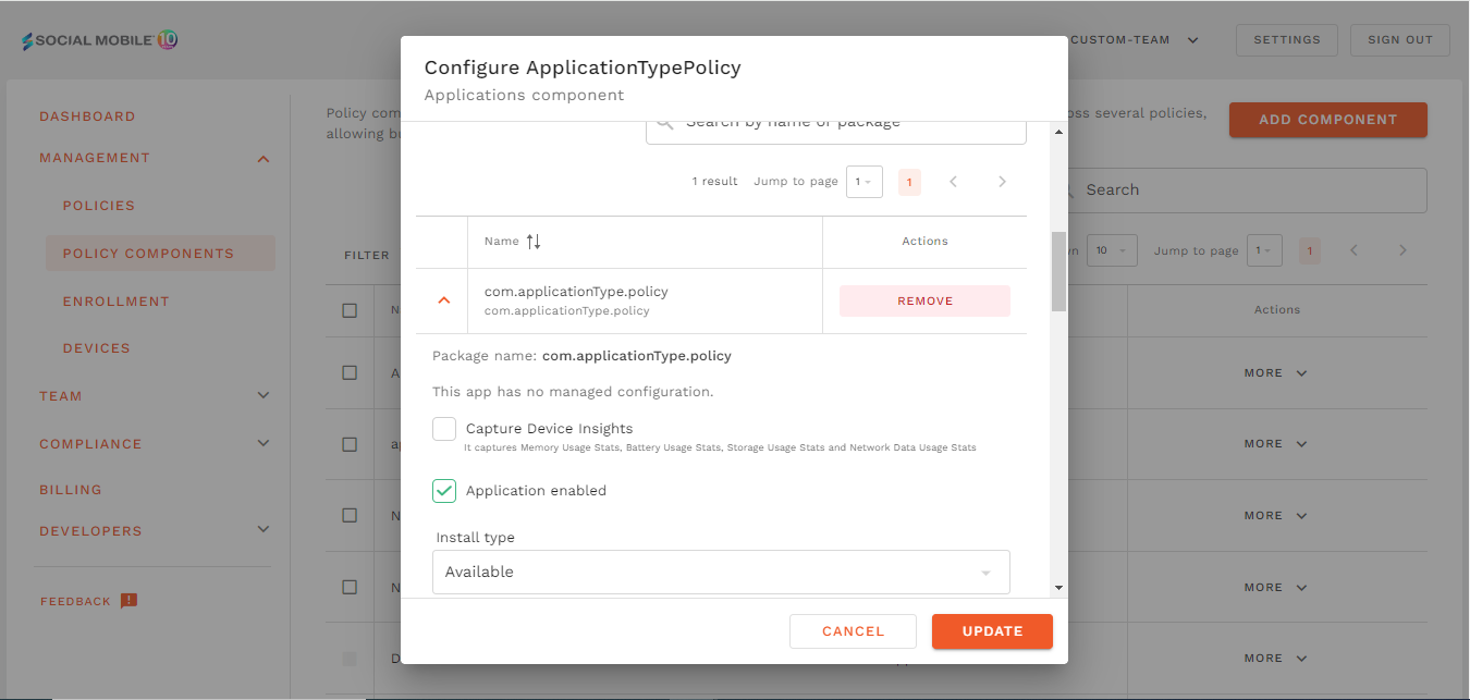 configure application type policy list